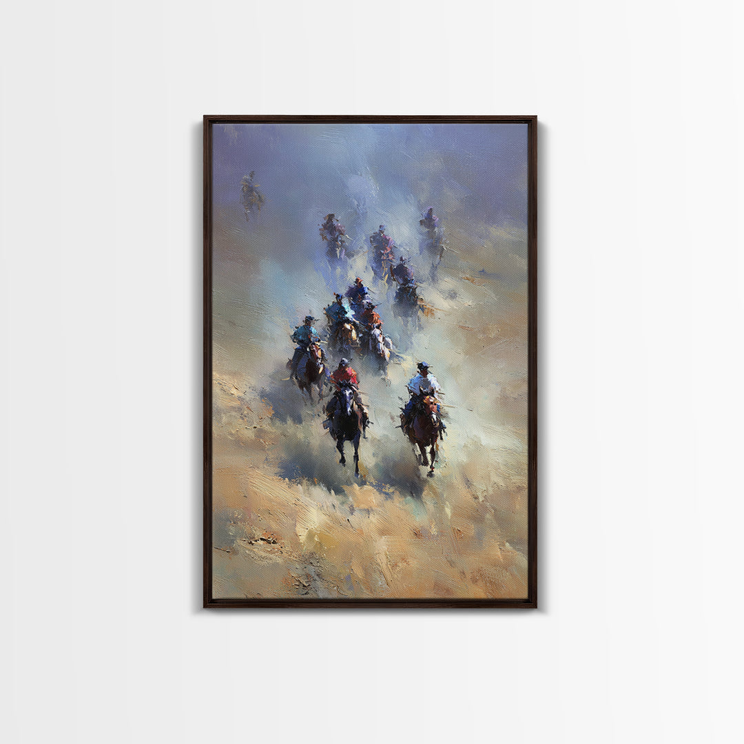 Galloping Cowboys In Dusty Desert Wall Art, Western Horse Racing Painting, Rustic Ranch Decor, Gift For Horse Lover, Living Room Art