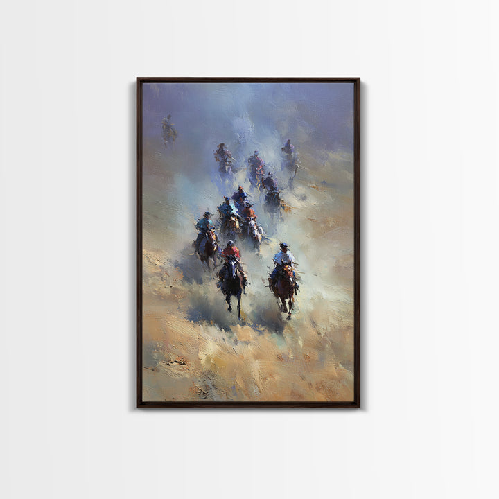 Galloping Cowboys In Dusty Desert Wall Art, Western Horse Racing Painting, Rustic Ranch Decor, Gift For Horse Lover, Living Room Art