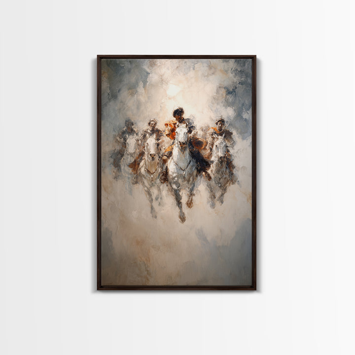 White Horses Charging Through Mist Canvas Print, Abstract Equine Painting, Equestrian Wall Art, Modern Farmhouse Decor Gift