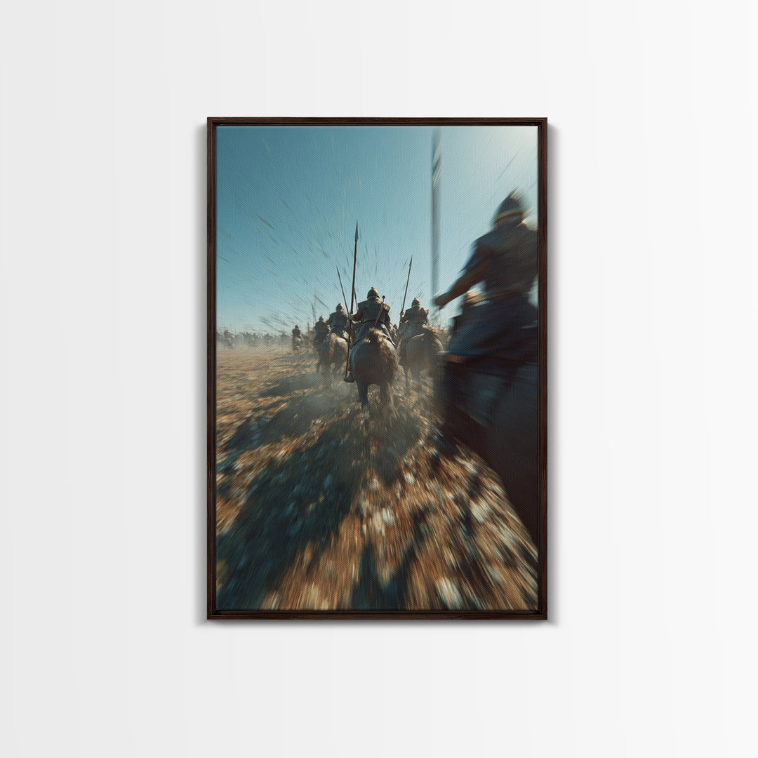 Ancient Cavalry Charge Across Dusty Battlefield Canvas Print, Epic Battle Wall Art, Horse Racing Decor, Masculine Art Gift For Him
