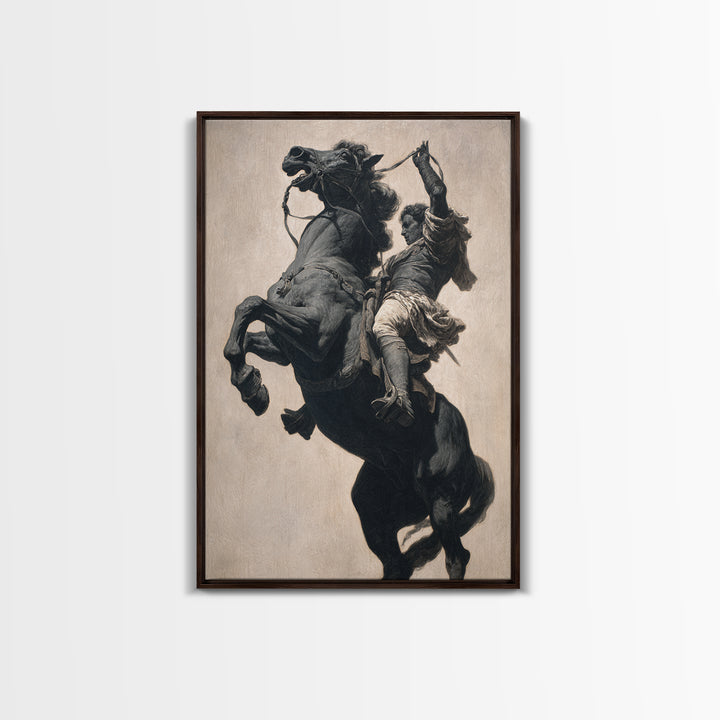 Rearing Black Horse And Rider Framed Canvas Print, Dramatic Equestrian Wall Art, Western Decor, Horse Lover Gift For Ranch Home