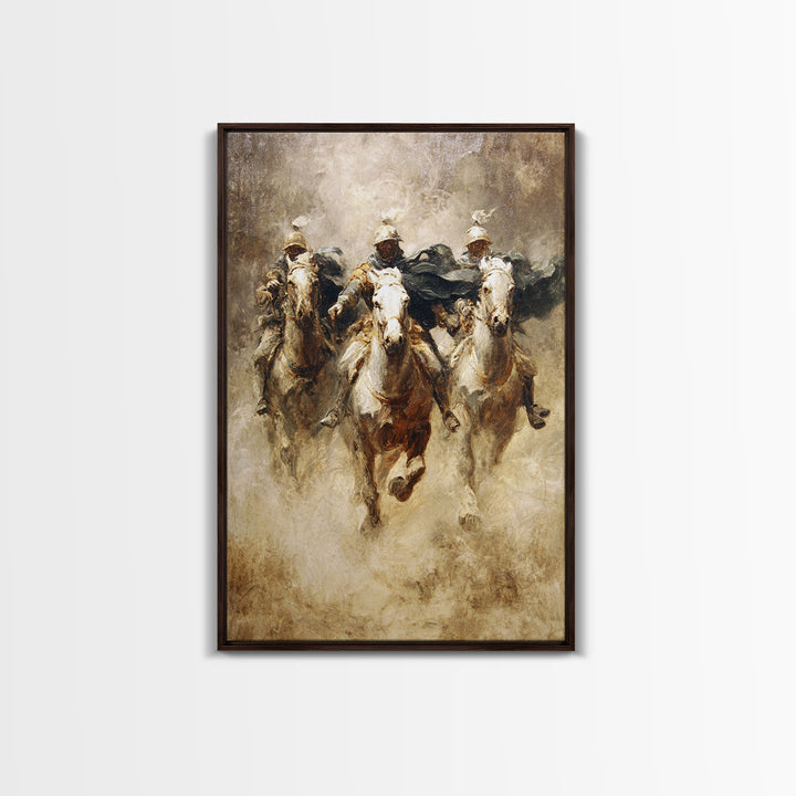 Charging Medieval Cavalry Riders Wall Art, Dramatic Horse Battle Canvas Print, Rustic Fantasy Decor, Large Living Room Decor