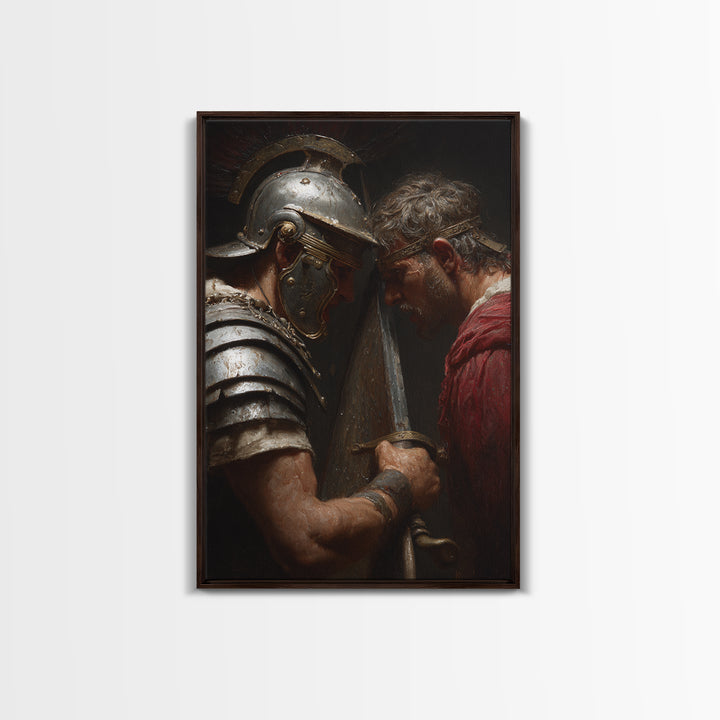 Roman Gladiator Face Off With Sword Wall Art, Intense Ancient Duel Canvas Print, Dark Masculine Office Decor, Gift For Him