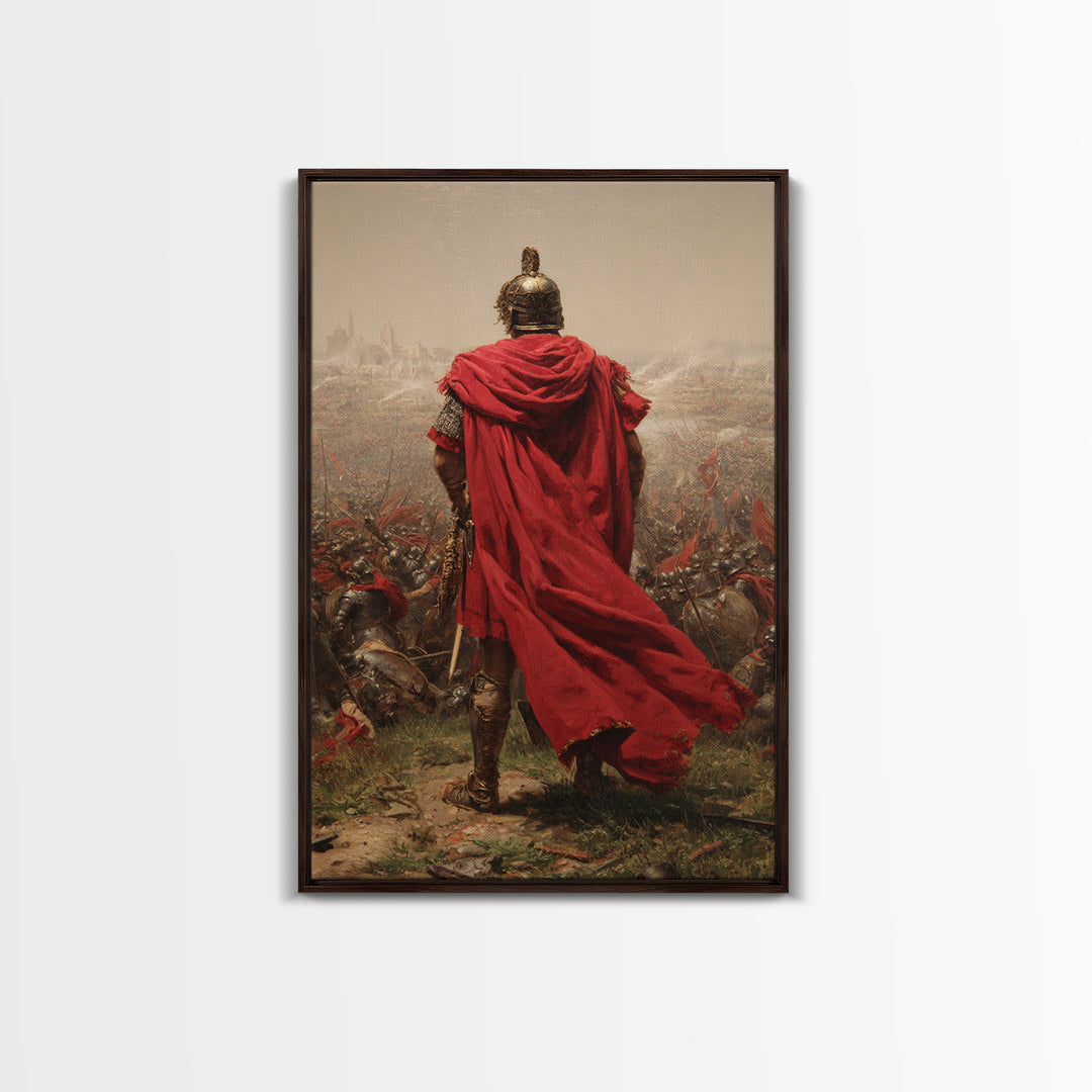 Roman General Red Cloak Wall Art, Epic Battlefield Oil Painting, Ancient Warrior Canvas Decor For Masculine Office Gift Idea