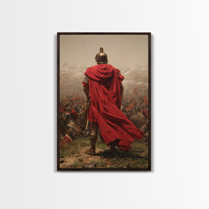 Roman General Red Cloak Wall Art, Epic Battlefield Oil Painting, Ancient Warrior Canvas Decor For Masculine Office Gift Idea