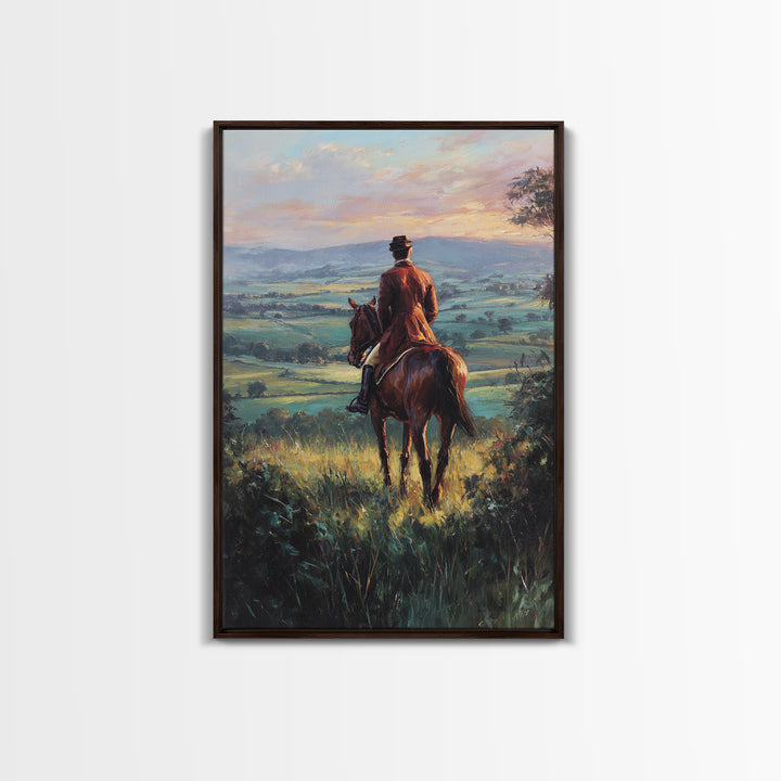 Rider On Horse Over Rolling Countryside Canvas Print, Equestrian Wall Art, Country Landscape Painting, Rustic Home Decor