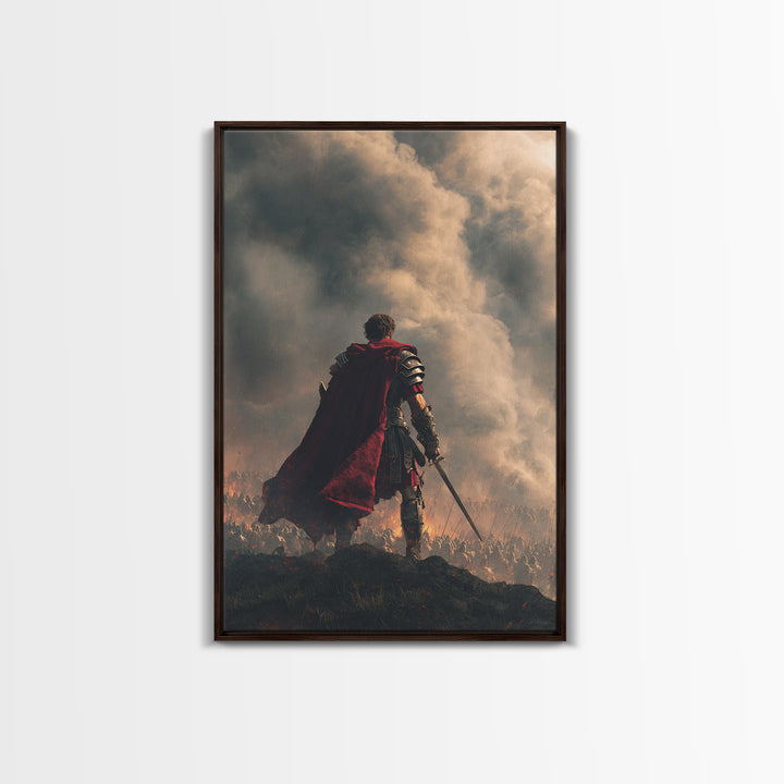 Roman Commander Over Burning Battlefield Framed Canvas Print, Ancient Warrior Wall Art, Dramatic History Decor, Gift For Him