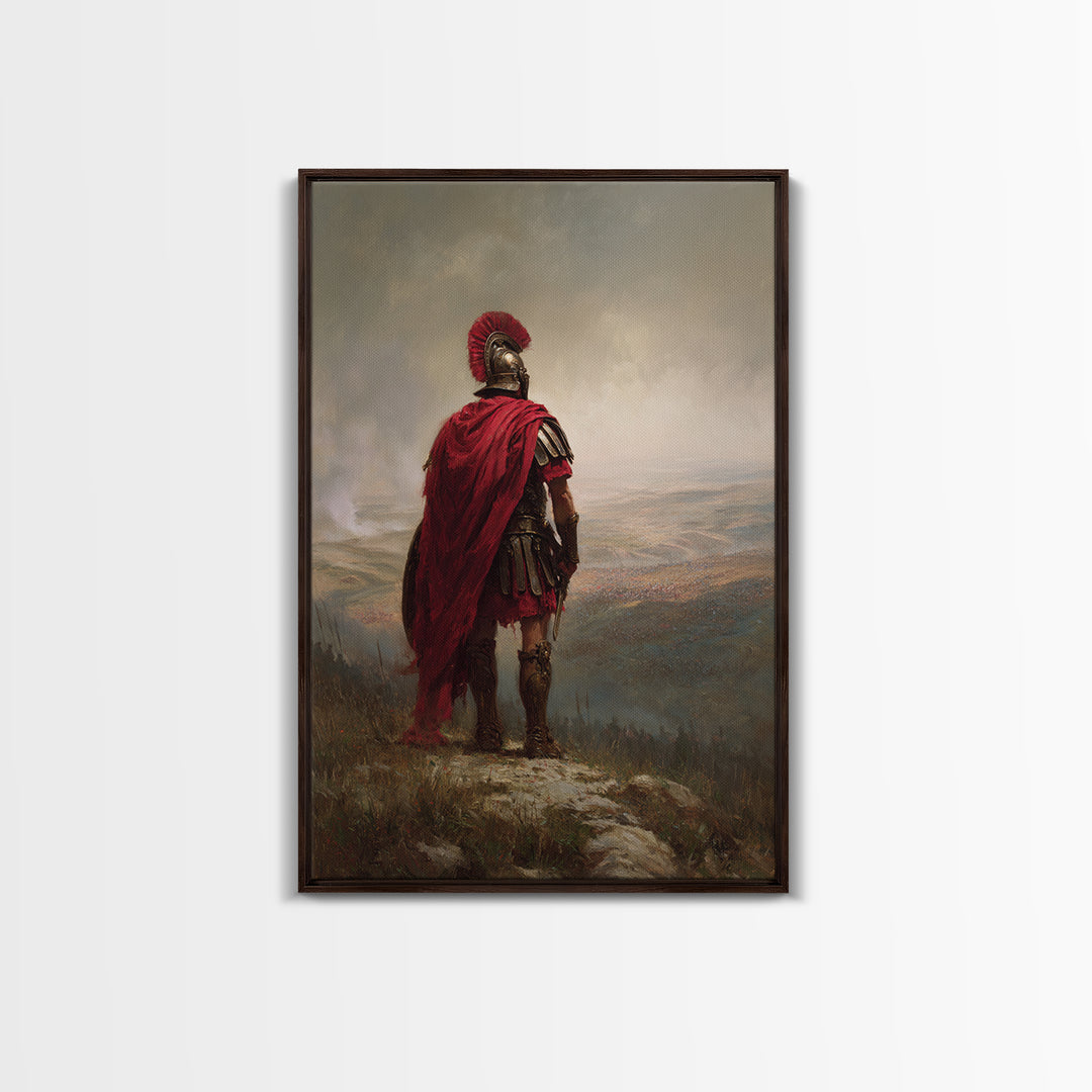 Roman Centurion In Red Cloak Overlooking Battlefield Wall Art, Ancient Warrior Canvas Print For Office Decor And Gift For Him