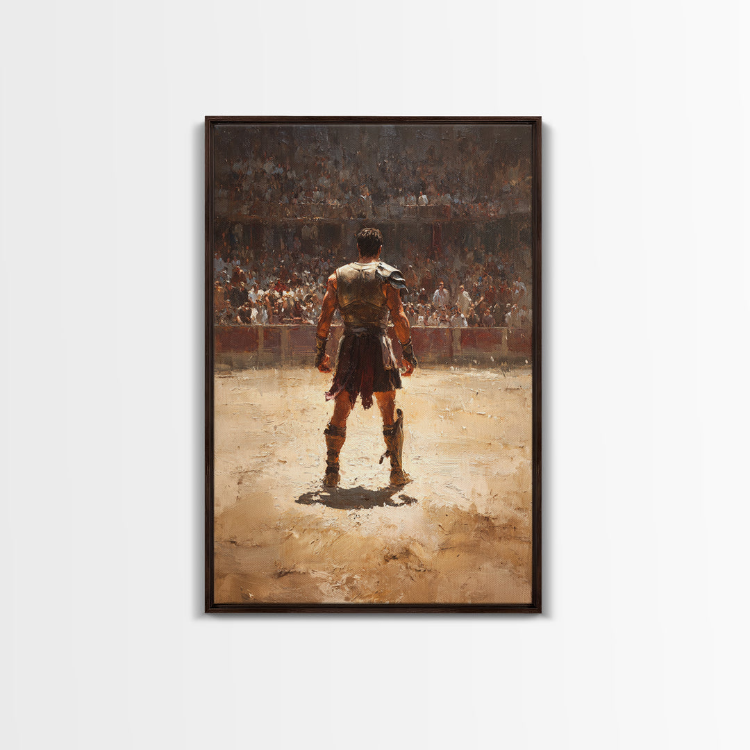 Gladiator Standing In Sunlit Ancient Arena Wall Art, Roman Warrior Canvas Print For Man Cave Decor And Masculine Office Art