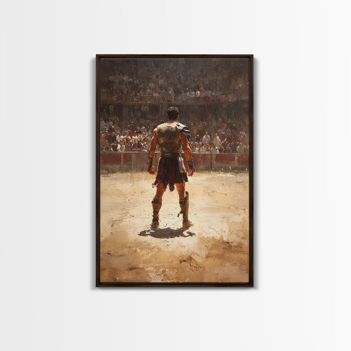 Gladiator Standing In Sunlit Ancient Arena Wall Art, Roman Warrior Canvas Print For Man Cave Decor And Masculine Office Art