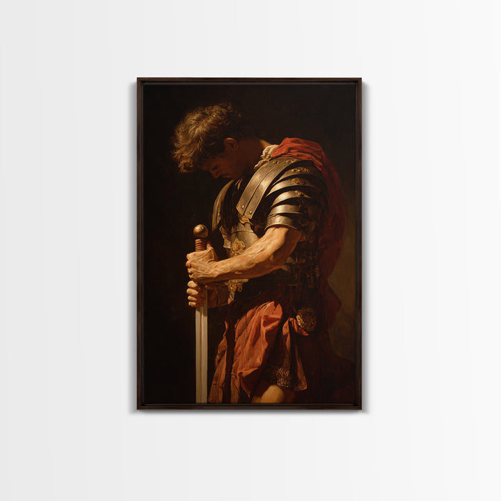 Roman Commander With Sword Framed Canvas Print, Dramatic Warrior Wall Art, Classical Oil Painting, Dark Academia Office Decor