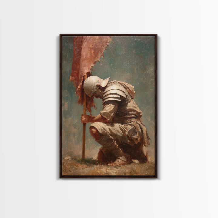 Kneeling Medieval Soldier With Torn Banner Wall Art, Somber Warrior Canvas Print, Historical Battle Decor, Memorial Gift