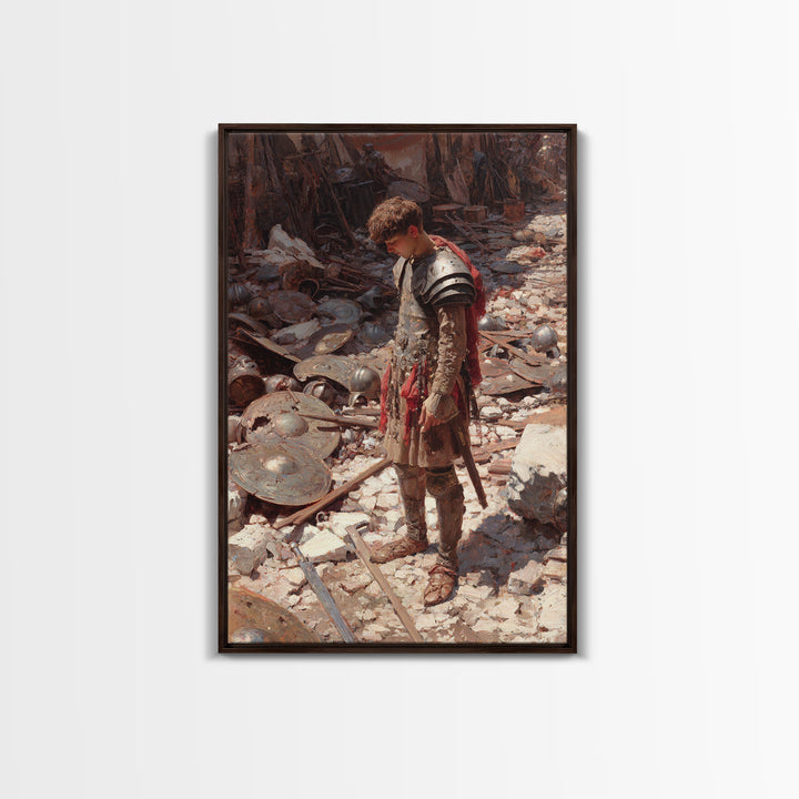Young Warrior Among Fallen Shields Framed Canvas Print, Roman Battle Oil Painting, Historical Wall Art, Teen Boys Room Decor Gift