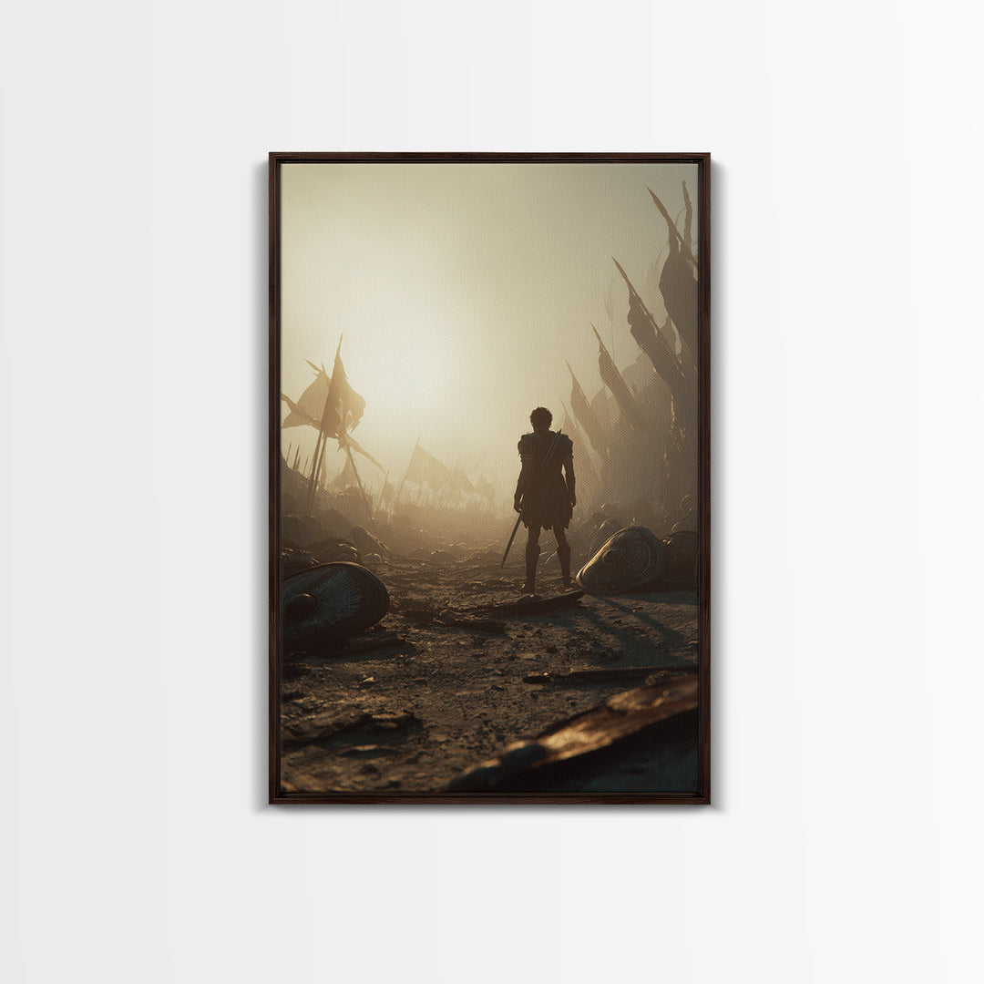 Lone Ancient Warrior In Sunlit Battlefield Canvas Print, Epic Fantasy Wall Art, Greek Battle Decor, Masculine Office Art