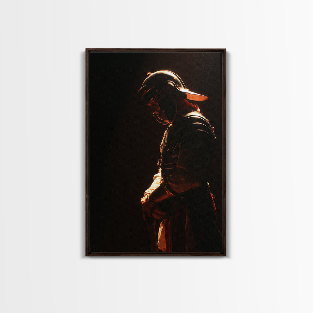 Moody Helmeted Warrior In Golden Rim Light Framed Canvas Print, Dark Fantasy Art, Masculine Office Decor, Gothic Wall Art