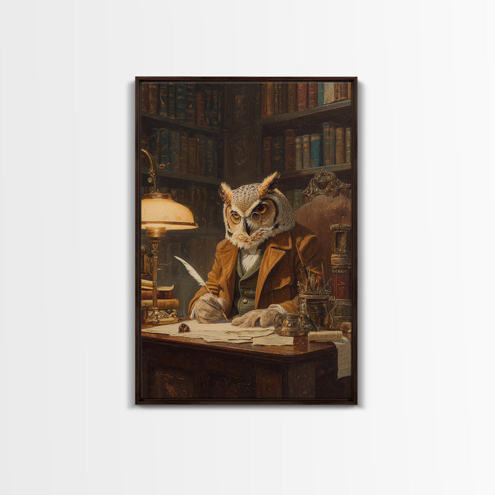 Scholarly Owl Writing In Antique Library Framed Canvas Print, Whimsical Animal Wall Art, Dark Academia Office Decor Gift