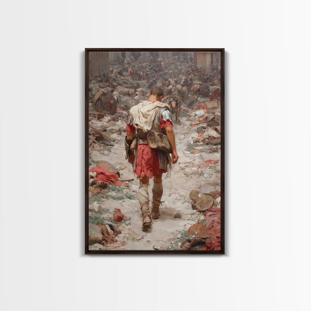 Historic Roman Soldier Amidst Battle Aftermath Detailed Painting Wall Art Canvas Print For History Buffs And Home Decor