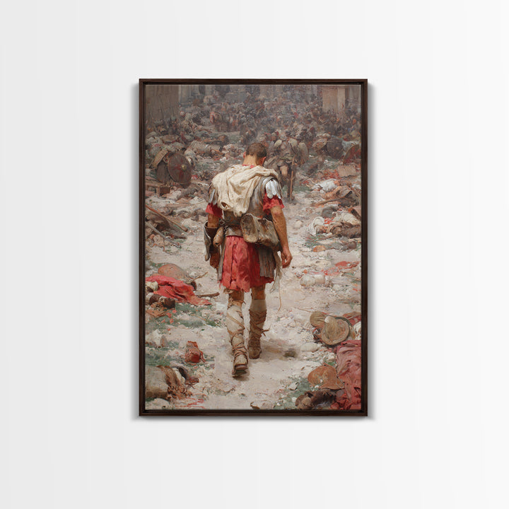 Historic Roman Soldier Amidst Battle Aftermath Detailed Painting Wall Art Canvas Print For History Buffs And Home Decor