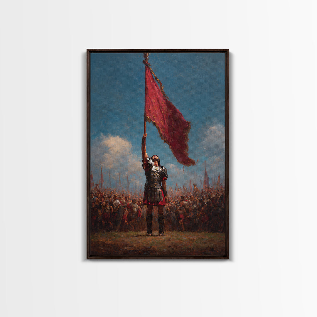Roman Warrior Raising Red Battle Flag Wall Art, Historical Soldier Canvas, Dramatic Legion Artwork, Gift For Him, Living Room Decor