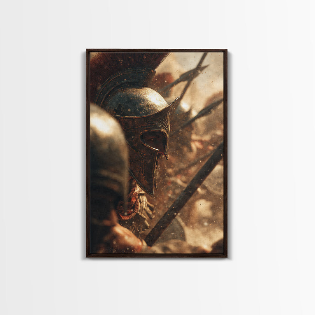 Bronze Spartan Helmet In Ancient Battle Canvas Print, Greek Warrior Wall Art, Historical Office Decor, Masculine Gift For Him
