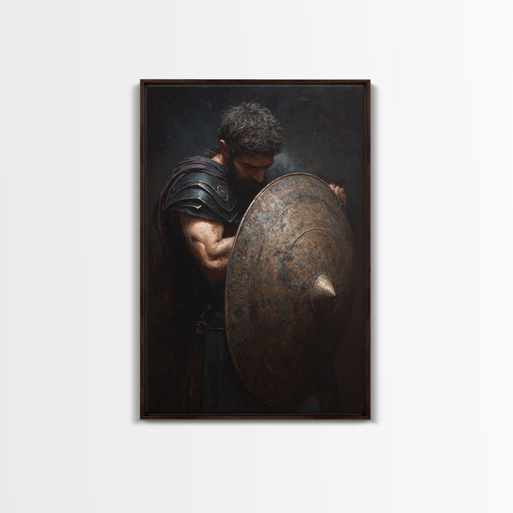Bearded Warrior Holding Round Bronze Shield Framed Canvas Print, Spartan Wall Art, Masculine Office Decor, Fine Art Print