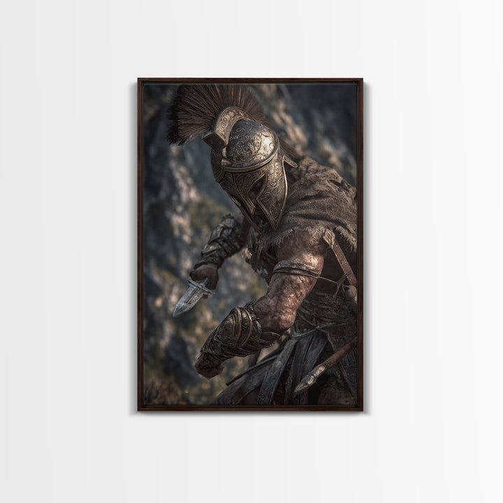 Armored Spartan Warrior With Bronze Helmet Wall Art, Ancient Greek Canvas Print, Masculine Office Decor, History Gift For Him