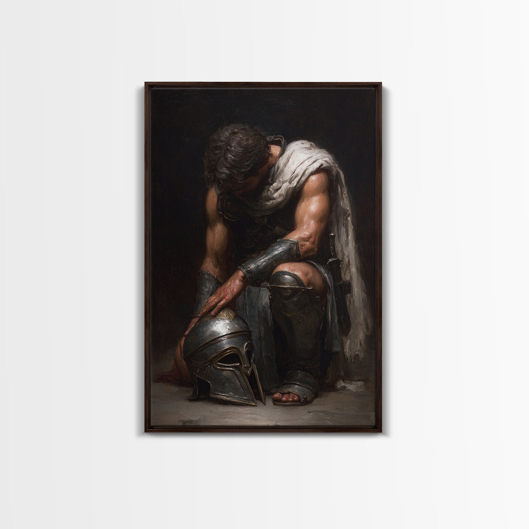 Kneeling Gladiator With Helmet Framed Canvas Print, Roman Warrior Oil Painting, Dark Academia Wall Art, Masculine Decor Gift