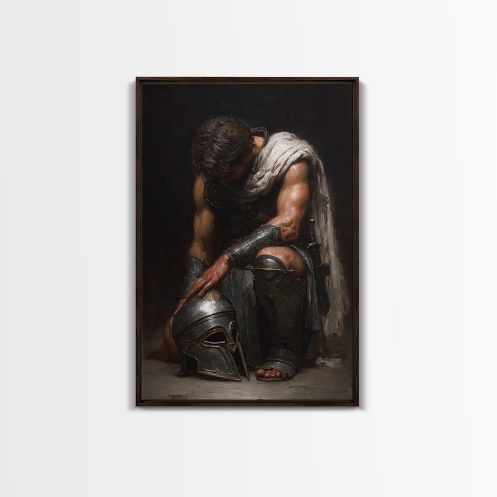 Kneeling Gladiator With Helmet Framed Canvas Print, Roman Warrior Oil Painting, Dark Academia Wall Art, Masculine Decor Gift
