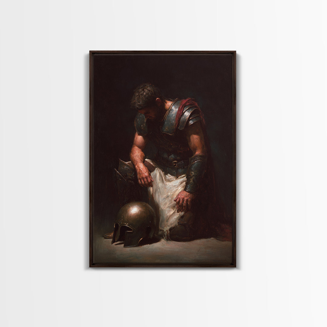 Kneeling Roman Soldier With Bronze Helmet Canvas Print, Dark Academia Wall Art, Moody Historical Warrior Art Decor, Gift For Him