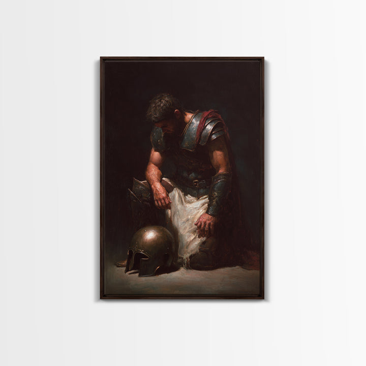 Kneeling Roman Soldier With Bronze Helmet Canvas Print, Dark Academia Wall Art, Moody Historical Warrior Art Decor, Gift For Him