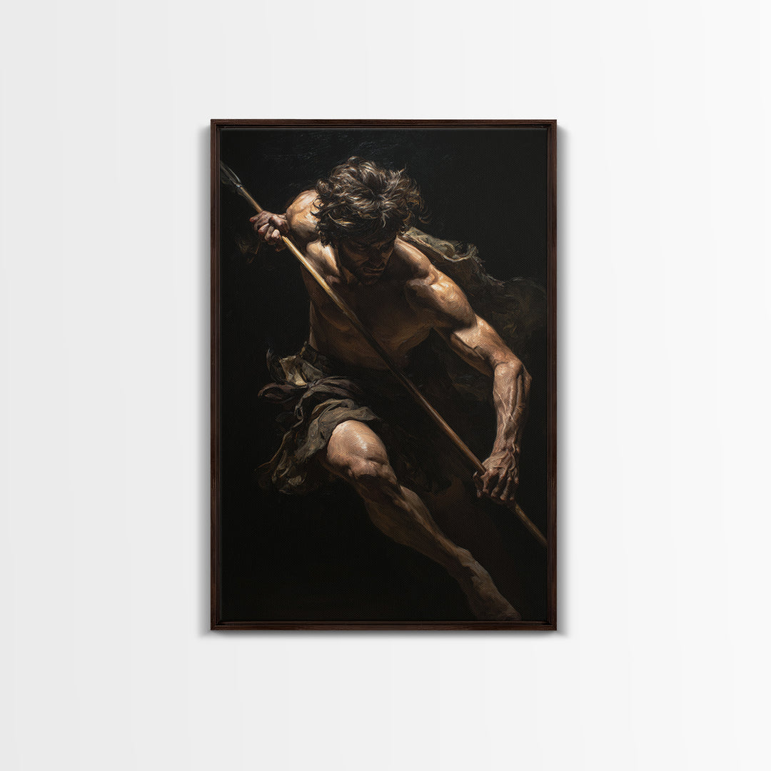Classical Spear Warrior In Shadow Framed Canvas Print, Mythological Wall Art, Dark Academia Decor, Masculine Fine Art Print