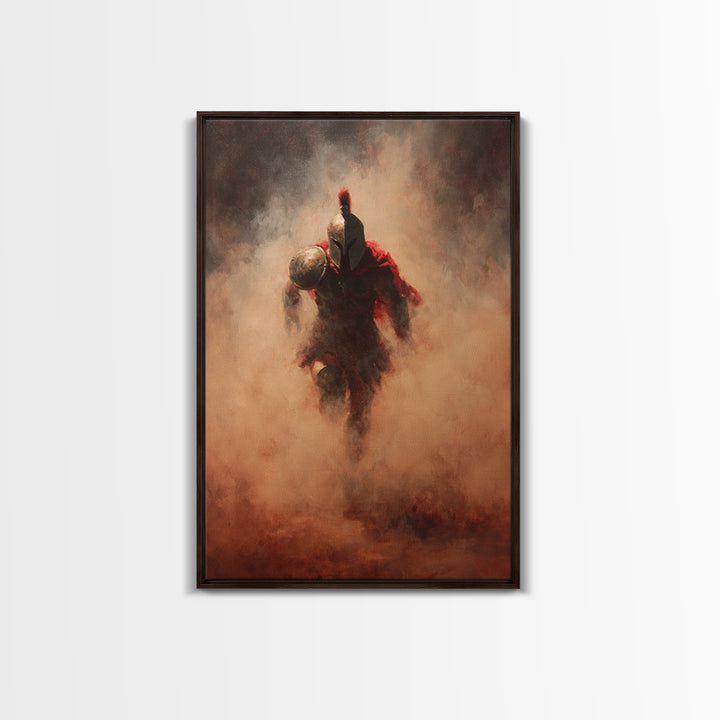 Spartan Warrior Emerging Through Red Smoke, Canvas Print, Dramatic Battle Wall Art, Ancient Greek Decor, Masculine Art, Gift For Him
