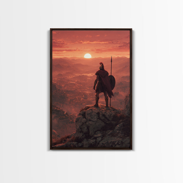 Spartan Warrior At Red Sunset, Epic Landscape Wall Art, Greek Soldier Canvas Print, Masculine Office Decor, Gift For Him