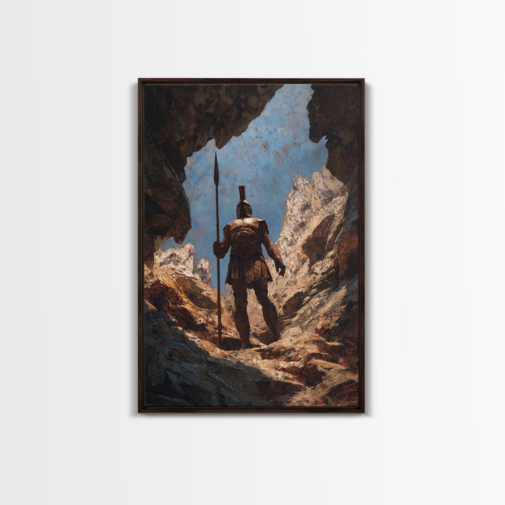 Spartan Warrior In Mountain Cave Framed Canvas Print, Ancient Greek Wall Art, Fantasy Adventure Decor, Gift For Him, Office Decor