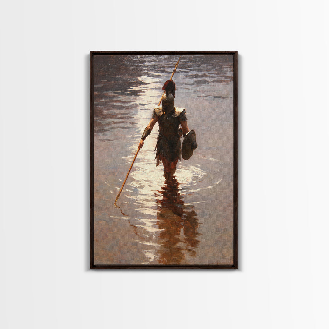 Solitary Spartan Warrior In Shimmering Water Wall Art, Ancient Spear Canvas Print, Greek History Living Room And Office Decor