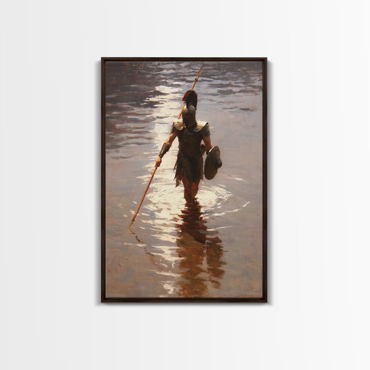 Solitary Spartan Warrior In Shimmering Water Wall Art, Ancient Spear Canvas Print, Greek History Living Room And Office Decor