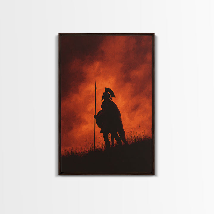 Spartan Silhouette At Red Sunset Wall Art, Ancient Warrior Canvas Print, Dramatic Battle Painting, Masculine Decor Gift For Him