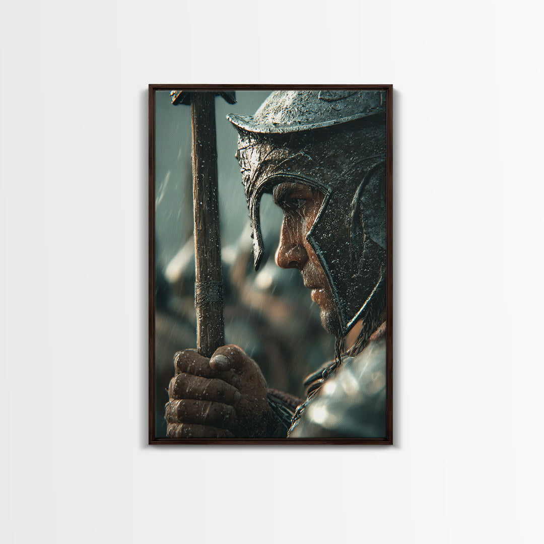 Rain Soaked Warrior Helmet Closeup Canvas Print, Spartan Soldier Wall Art, Dark Historical Decor, Masculine Gift For Him