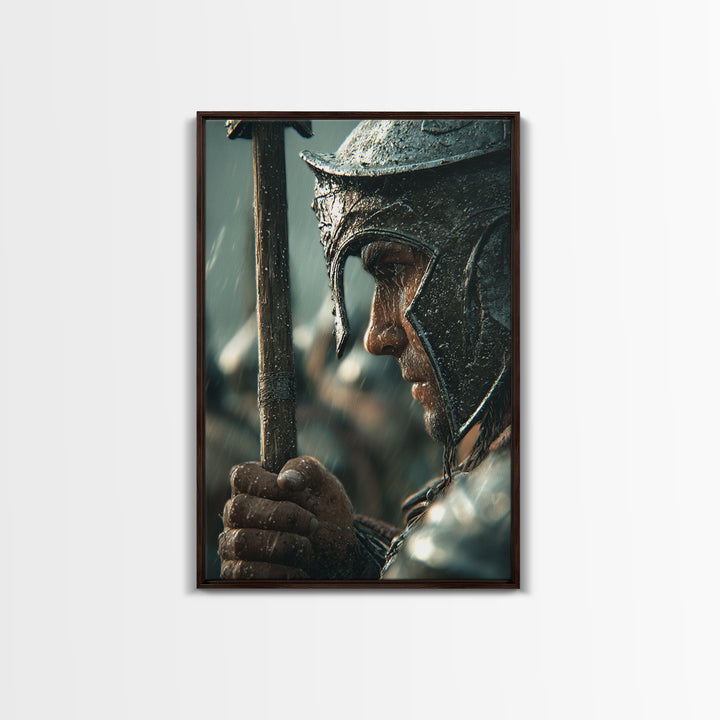 Rain Soaked Warrior Helmet Closeup Canvas Print, Spartan Soldier Wall Art, Dark Historical Decor, Masculine Gift For Him