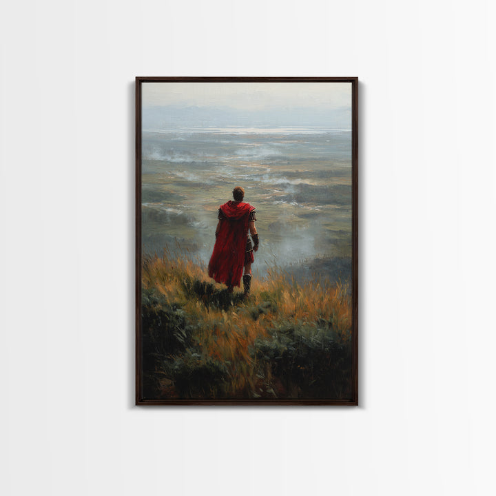 Roman Soldier In Red Cape Over Misty Valley Wall Art, Historical Landscape Painting, Moody Warrior Art Decor, Gift For Him