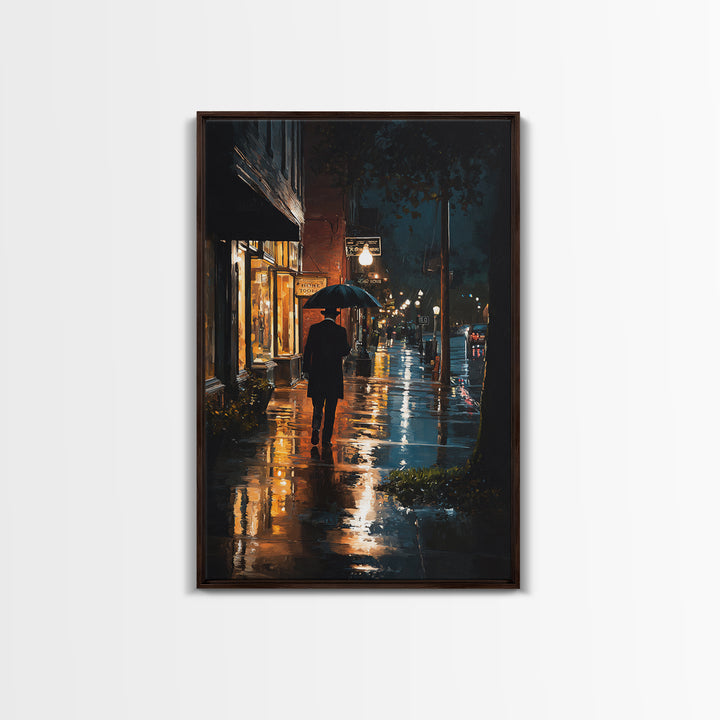 Rainy City Street With Umbrella At Night Wall Art, Moody Urban Landscape Print, Noir Office Decor, Modern Home Decor, Contemporary Art