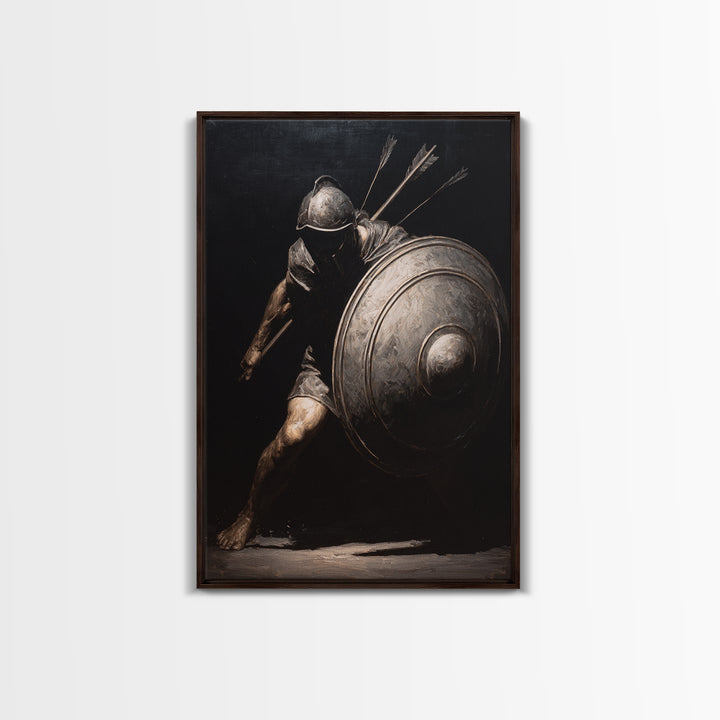 Wounded Medieval Knight Framed Canvas Print, Dark Academia Wall Art, Gothic Warrior Painting, Masculine Office Decor Gift