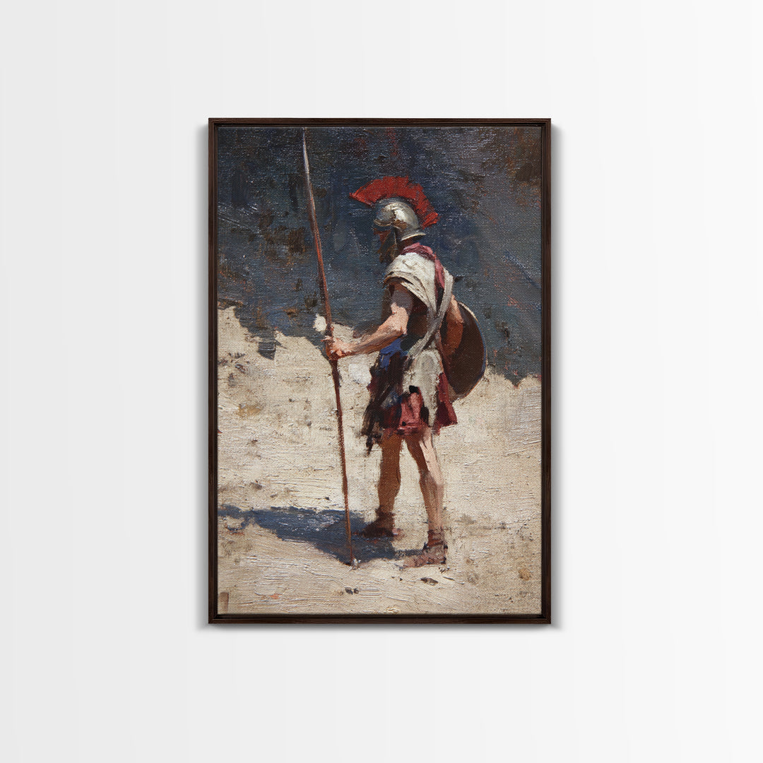 Solitary Roman Guard With Spear Wall Art, Ancient Soldier Canvas Print, Historical Warrior Decor, Masculine Office Art Gift