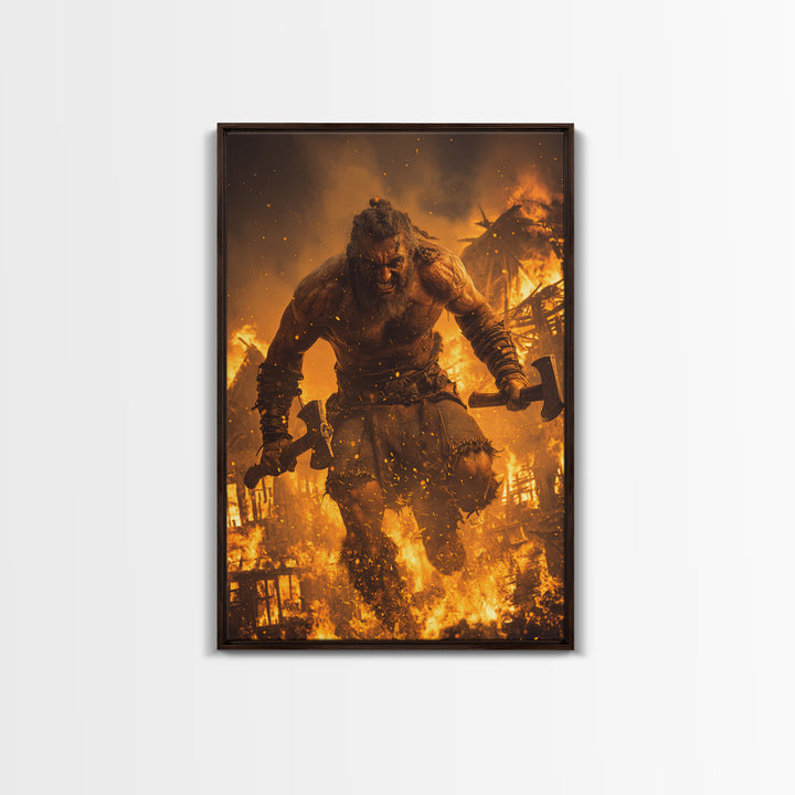 Fiery Berserker Giant With Axes, Dark Fantasy Wall Art, Viking Warrior Canvas, Gothic Decor, Man Cave, Statement Artwork Print
