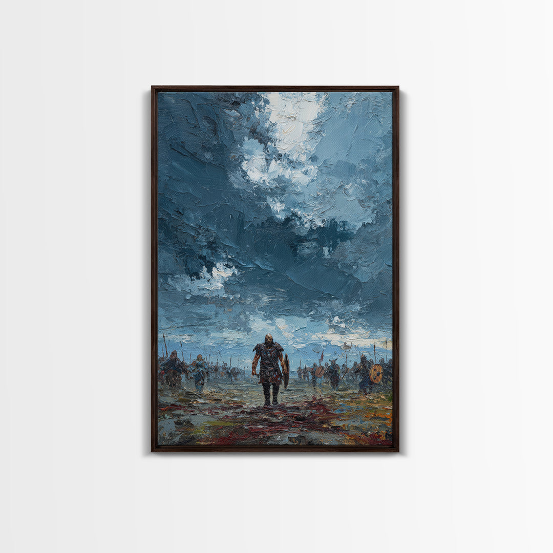Warrior Walking Across Stormy Battlefield Wall Art, Textured Viking Canvas Print For Masculine Office Decor And Gift For Him