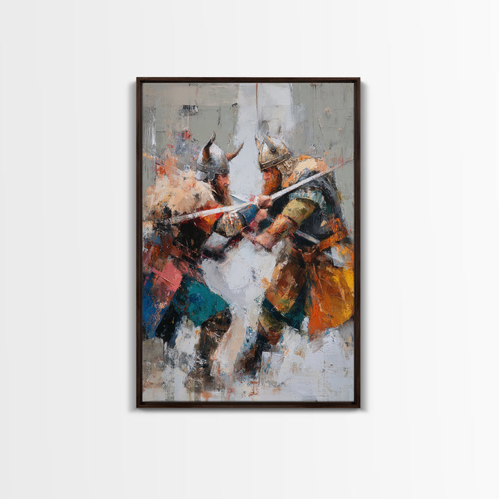 Viking Warriors Clashing Swords Canvas Print, Norse Battle Wall Art, Bold Historical Painting, Rustic Home Decor, Gift For Him