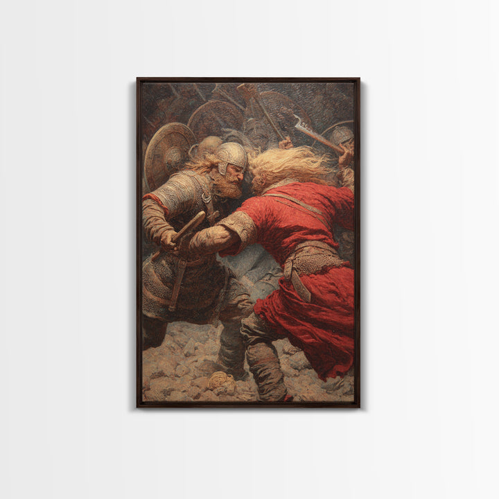 Viking Warriors Locked In Battle Wall Art, Norse Mythology Oil Painting, Historical Art Print, Rustic Man Cave Decor Gift