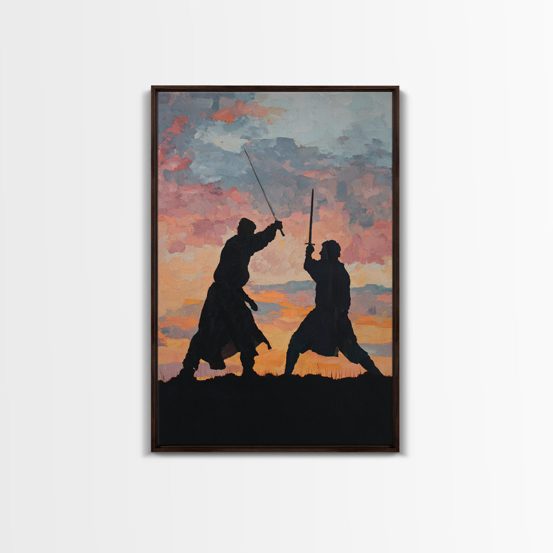 Samurai Sword Duel At Sunset Wall Art, Dramatic Warrior Canvas Print, Japanese Battle Decor, Martial Arts Gift For Him, Dojo Decor