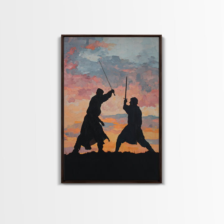 Samurai Sword Duel At Sunset Wall Art, Dramatic Warrior Canvas Print, Japanese Battle Decor, Martial Arts Gift For Him, Dojo Decor