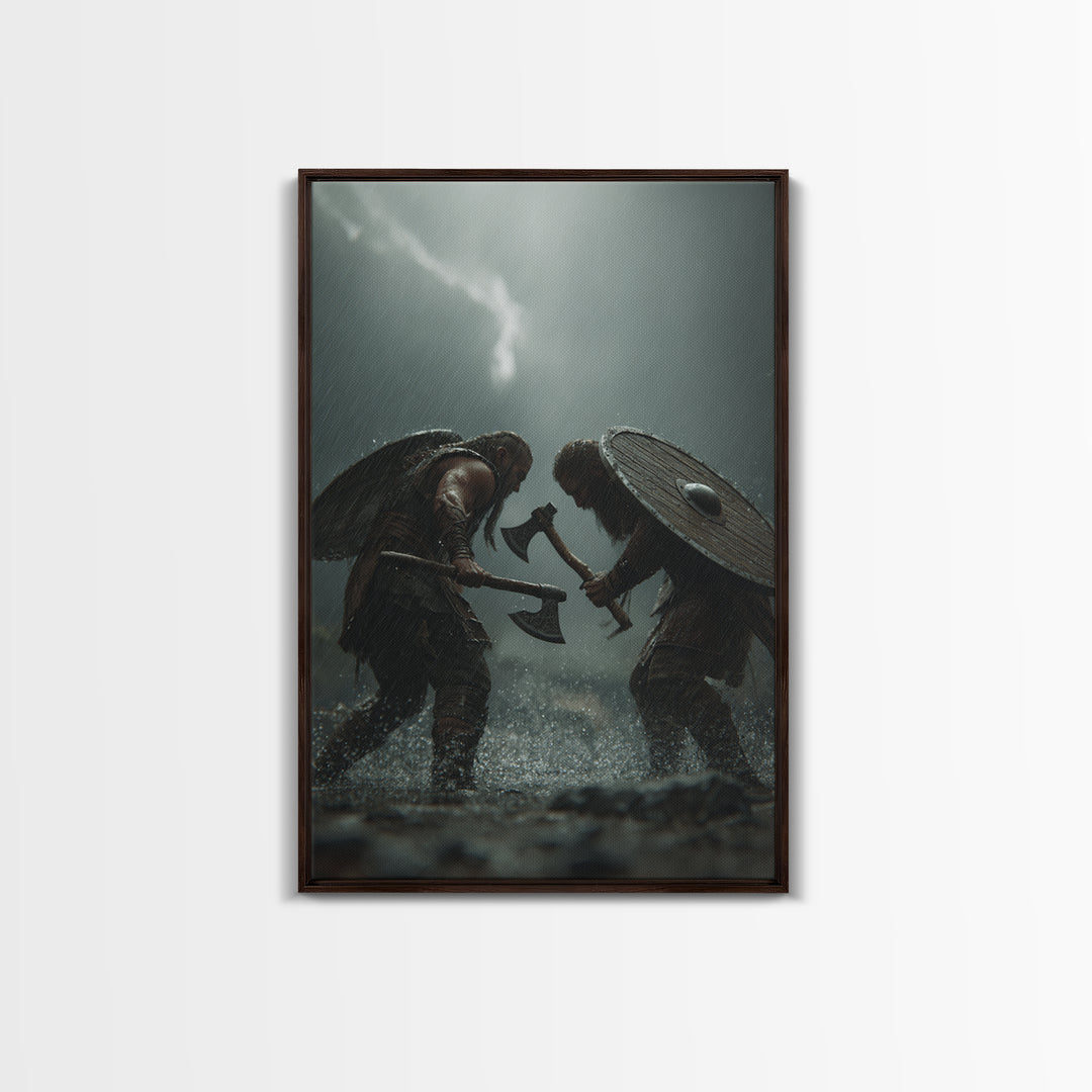 Viking Warriors Duel In Heavy Rain Wall Art, Nordic Battle Canvas Print, Dark Fantasy Decor, Masculine Office Art Gift For Him